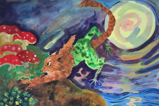 The cat and the moon Acrylic on paper